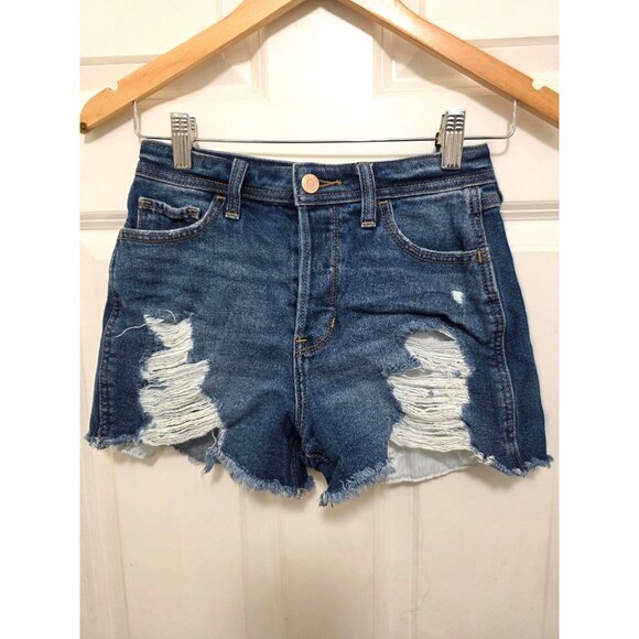 Hollister Women's Distressed Denim High-Waisted Shorts With Frayed Hem Size 24 - Picture 2 of 9
